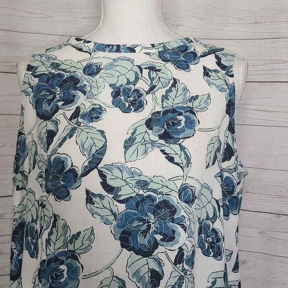 LOFT Blue Floral Tie Back Neck Layer Ruffle Bottom Sleeveless Blouse - Picture 6 of 12
